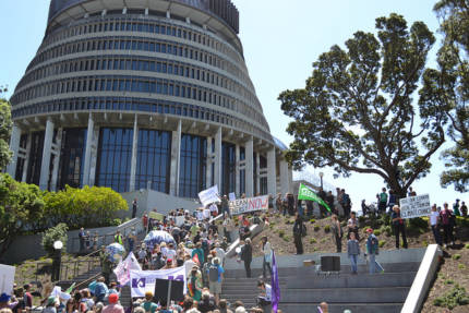 A group of protesters walking up the steps to the Beehive