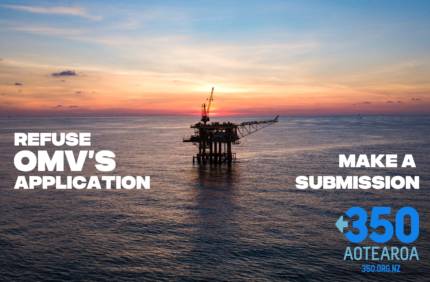 "Refuse OMV's Application: Make a submission" over image of offshore oil rig and sunset