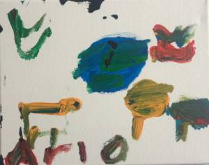 blue and red blobs with a yellow blob animal painted on white canvas with the text Arlo in red paint in the left corner