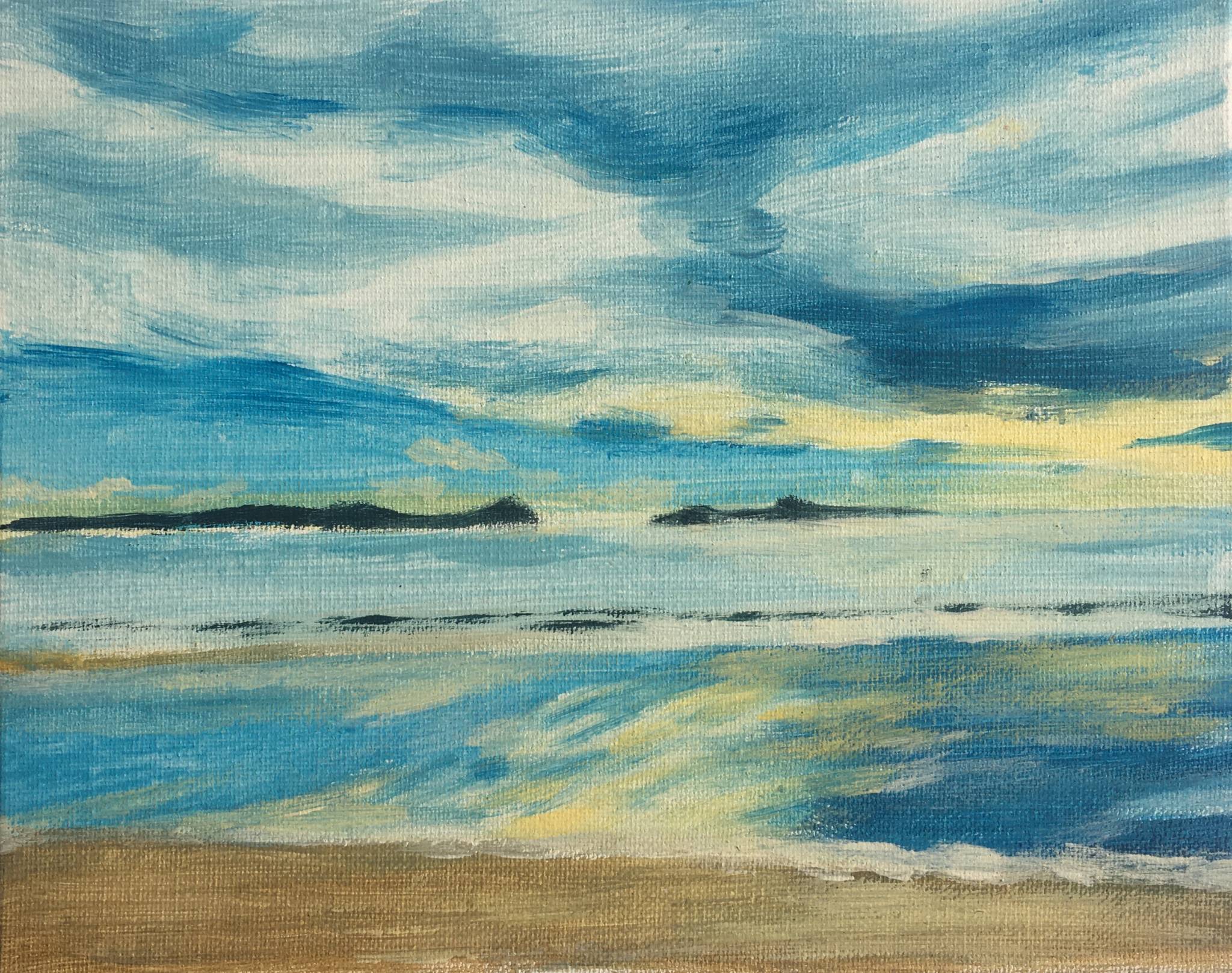 A beach landscape painting, looking out from the beach into the water, there are islands in the distance, and reflections of the clounds in the water, the sky is blue and yellow