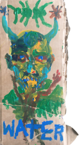 A figure with horns is painted in green and yellow and blues, with an ant like green figure above it's head. Another smaller figure is in front with their hands up. Blue painted text says 'Water' at the bottom of the image