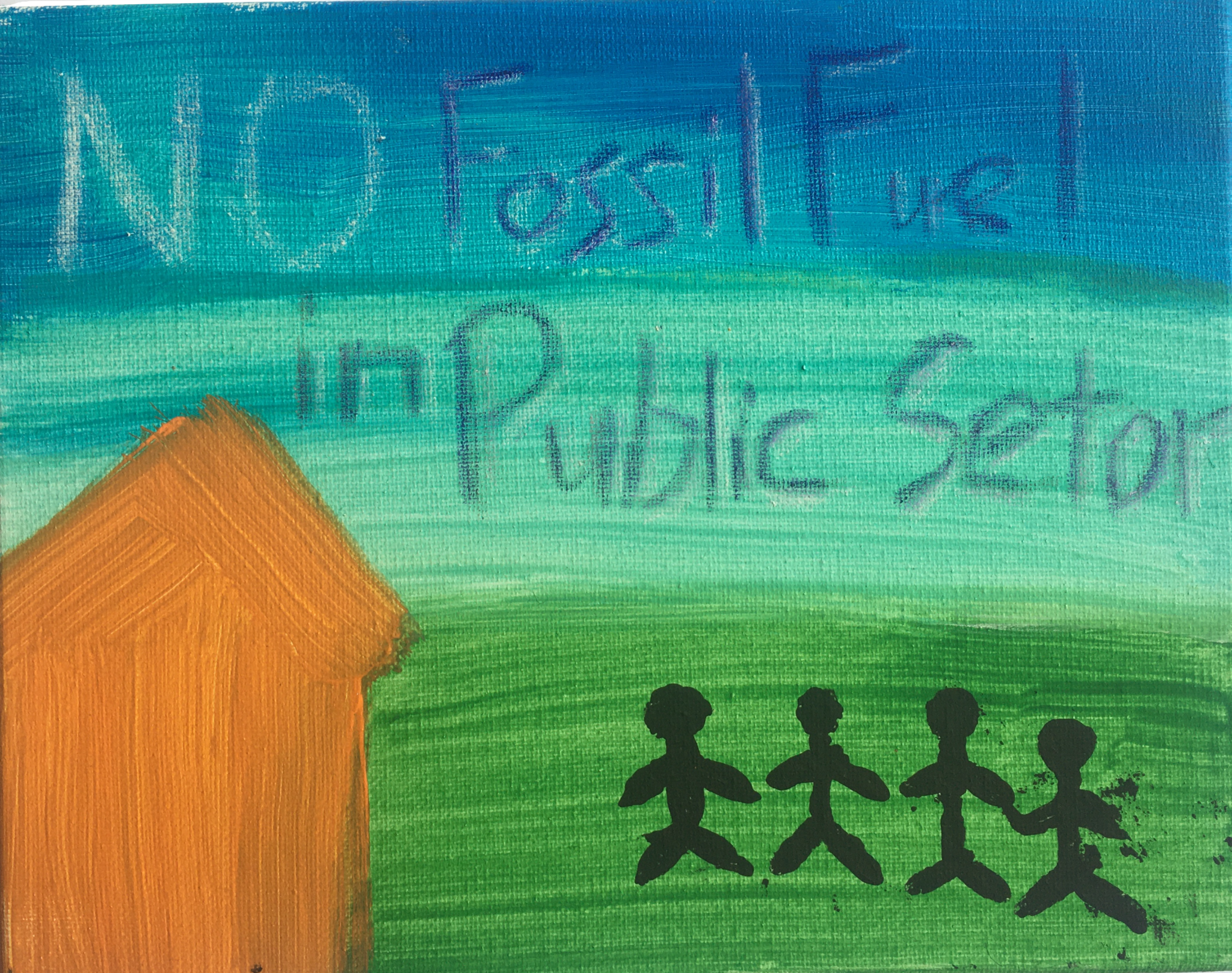 A dark blue sky fades to light blue, green grass and an orange silhouette of a house, with the text 'NO Fossil Fuel in Public Sector' in the sky. 4 stick figure people stand on the grass