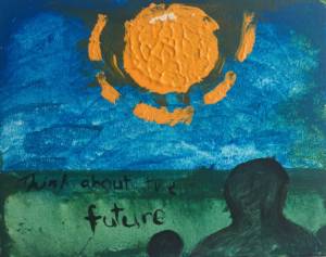 An adult and a child's dark green silhouette look into the distance facing away from the viewer, a bright yellow sun sits on a blue background, and green grass, with the text 'Think about the future' 