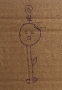 A plant person with a lightbulb coming out of their head drawn on cardboard