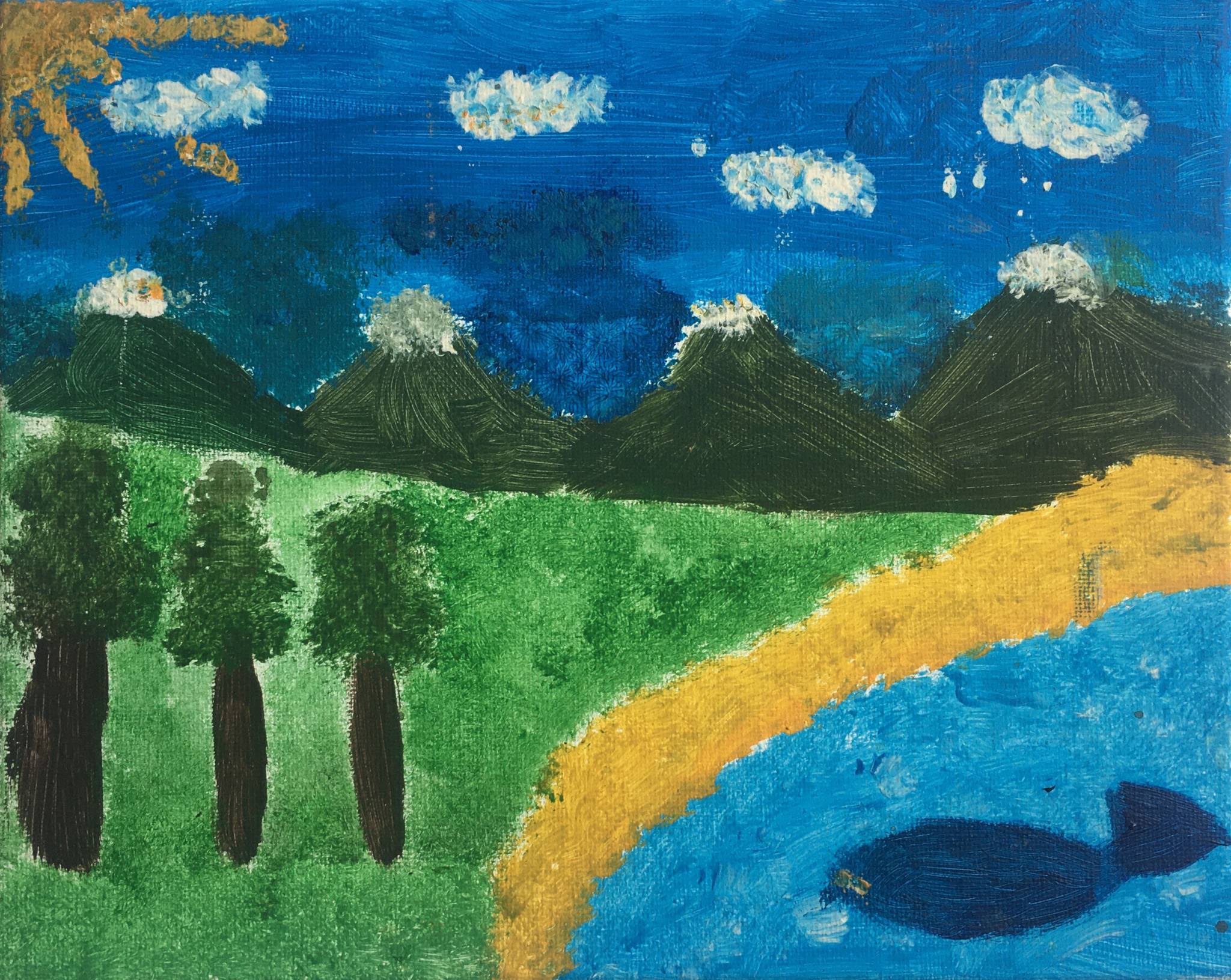 A landscape painting with a blue sea, a whale, yellow sand, green grass and three trees, four mountains sit in the background with a blue sky and white clouds