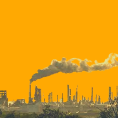 orange background with fossil fuel industry buildings and fumes