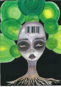 a grey and white face looks solemn, and is looking towards the sky. They have a long neck. Balc background with green cirlces around the head, like clumps of hair or trees. On the faces forehead there is a barcode that says ' in a fake plastic world'