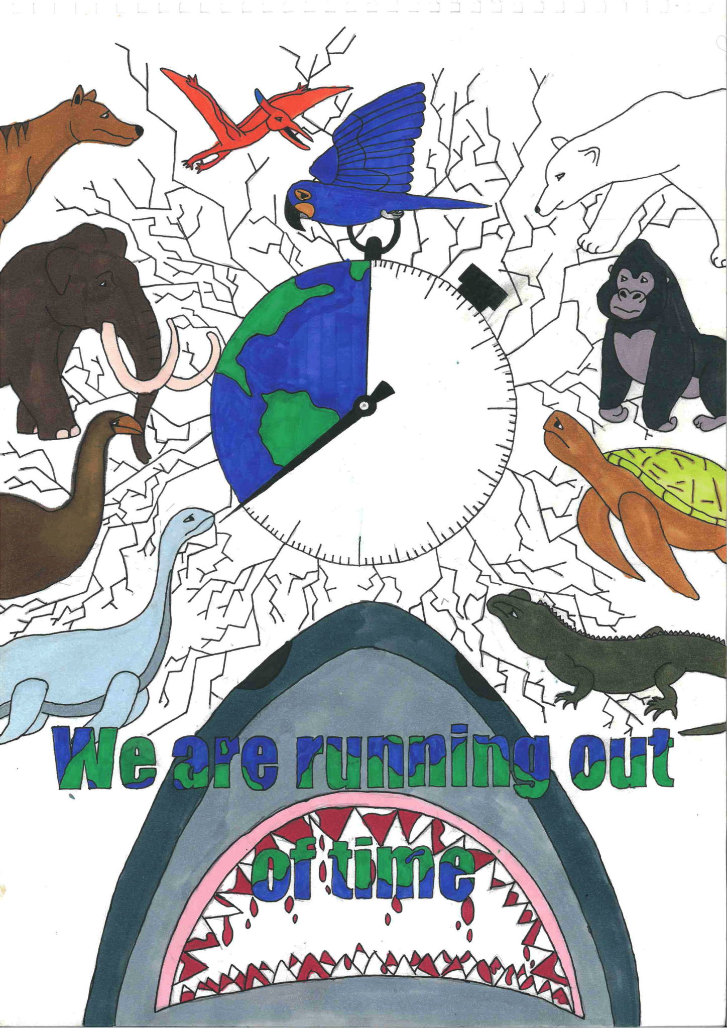 A shark head leaps up the bottom of the page, its jaws are open and has red blood dripping from them, there is a clock in the centre, with three quarters of the clock blank and the other quarter coloured in like earth from above, there are cracks coming out fromt he clock, and there are animals placed around the clock, the text 'We are running out of time' sits above the shark