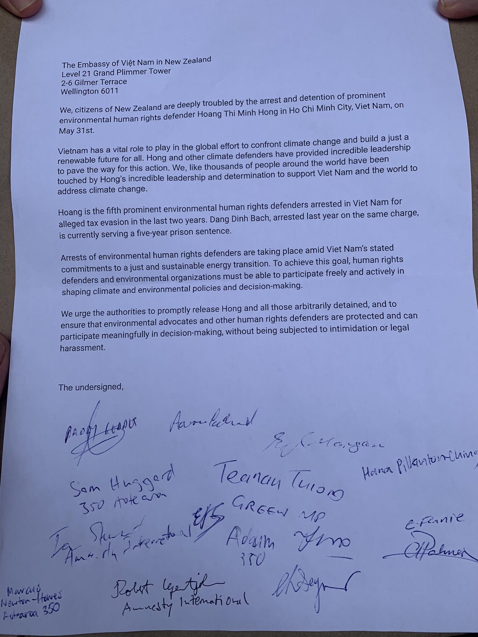 Signed letter to the Vietnamese Embassy by climate activists in Wellington