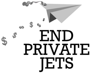 End Private Jets text logo with graphic of paper airplane releasing dollar signs